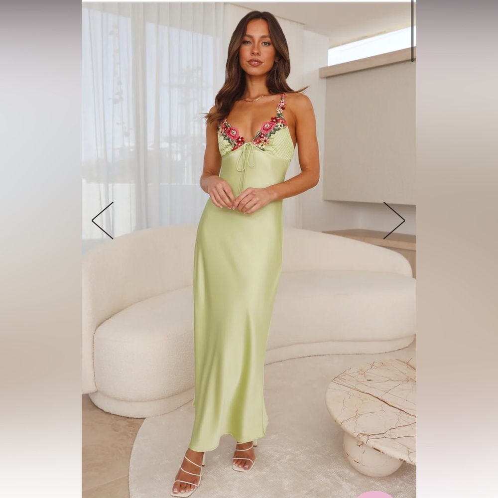 Hello Molly Flower Passion Satin Maxi Dress Green - XS